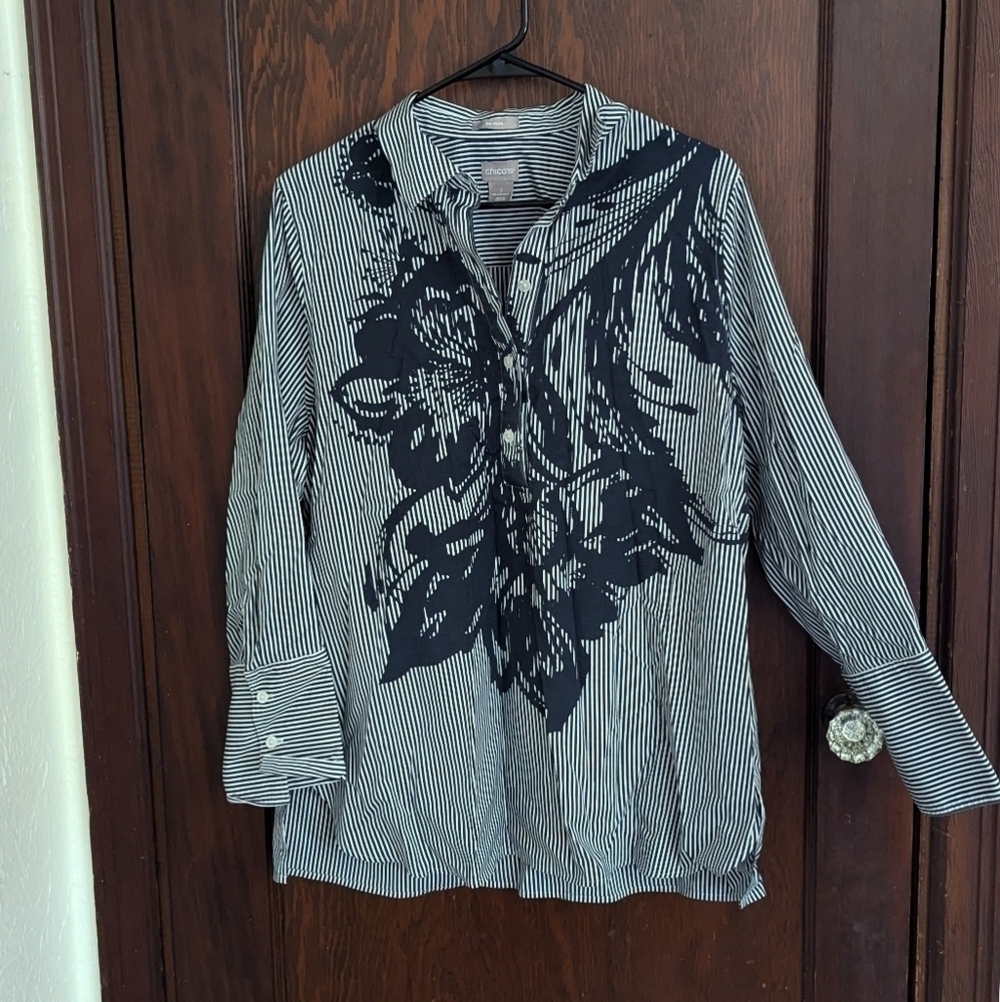 Chico's Cotton Stripe Floral No Iron Long Sleeve Button Front Shirt Size 12/14